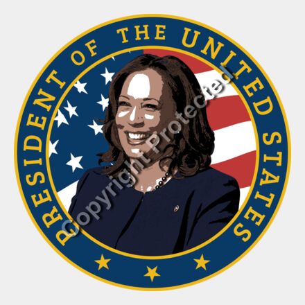 Kamala Harris 2024 campaign emblem smiling portrait with US flag background Thumbnail