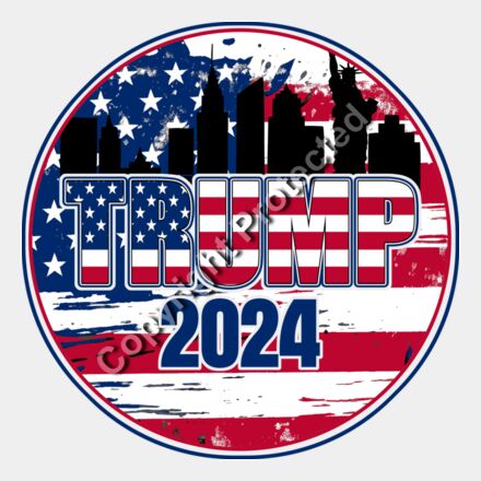 Trump 2024 campaign badge with American flag colors  skyline  and Statue of Liberty silhouette Thumbnail